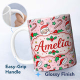 Personalized Custom Name Cute Santa Face Hats Candy Cane Pink Seamless Pattern Lovely 11oz Ceramic Coffee Tea Mug White Large Handle