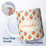 Personalized Custom Name Cute Strawberry Minimal Fruit Seamless Pattern Beautiful Coffee Cup 11oz Ceramic Coffee Tea Mug White Large Handle
