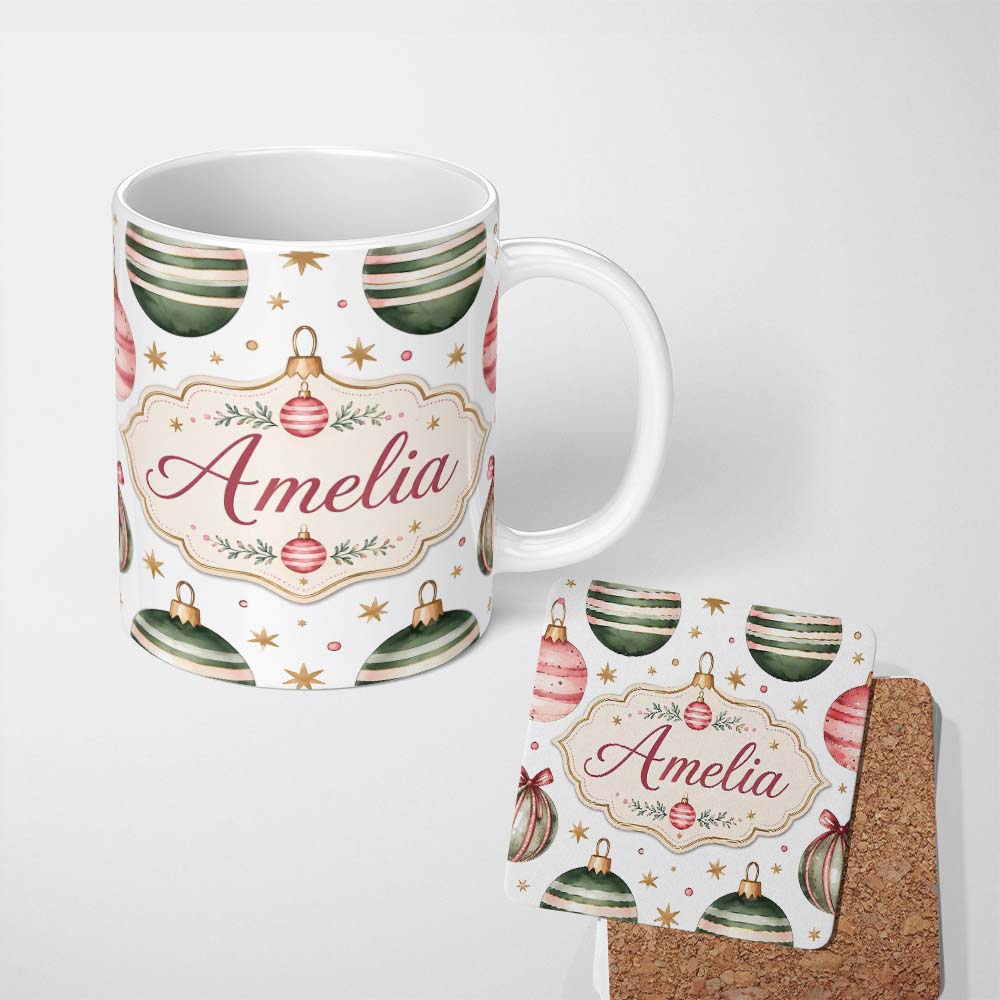 Personalized Custom Name Minimal Red Green Baubles Stars Elegant Seamless Pattern Lovely 11oz Ceramic Coffee Tea Mug White Large Handle