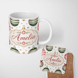 Personalized Custom Name Minimal Red Green Baubles Stars Elegant Seamless Pattern Lovely 11oz Ceramic Coffee Tea Mug White Large Handle