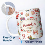 Personalized Custom Name Cute Santa Claus Mrs Claus Snowman Christmas Gift Candy Cane Lovely 11oz Ceramic Coffee Tea Mug White Large Handle