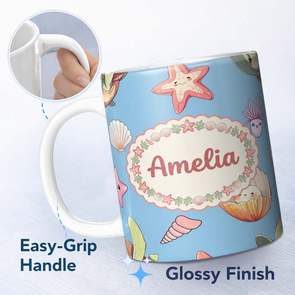 Personalized Custom Name Cute Sea Turtle Starfish Shell Kawaii Ocean Seamless Pattern Blue 11oz Ceramic Coffee Tea Mug White Large Handle