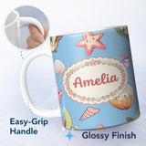Personalized Custom Name Cute Sea Turtle Starfish Shell Kawaii Ocean Seamless Pattern Blue 11oz Ceramic Coffee Tea Mug White Large Handle