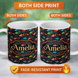 Personalized Custom Name Vibrant Fish Underwater Scene on Dark Reef Background Lovely 11oz Ceramic Coffee Tea Mug White Large Handle