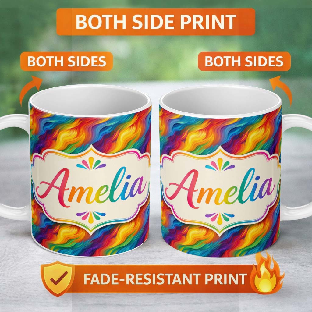 Personalized Custom Name Vibrant Rainbow Flowing Paint Waves Seamless Pattern Lovely 11oz Ceramic Coffee Tea Mug White Large Handle