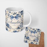 Personalized Custom Name Classic Blue & Cream Floral Vintage Botanical Pattern Lovely 11oz Ceramic Coffee Tea Mug White Large Handle