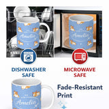 Personalized Custom Name Cute Cartoon Corgi Dogs Bone Blue Background Seamless Pattern Lovely 11oz Ceramic Coffee Tea Mug White Large Handle