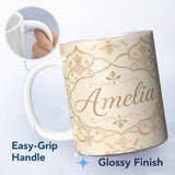 Personalized Custom Name Neutral Beige Moroccan Geometric Tile Elegant Seamless Pattern 11oz Ceramic Coffee Tea Mug White Large Handle