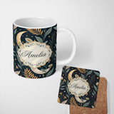 Personalized Custom Name Golden Celestial Floral Swirl Stars Night Seamless Pattern Lovely 11oz Ceramic Coffee Tea Mug White Large Handle