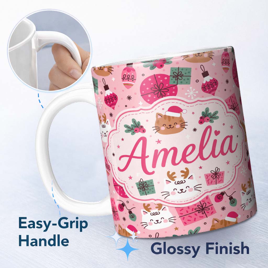 Personalized Custom Name Cute Christmas Cats Gifts Baubles Festive Seamless Pattern Lovely 11oz Ceramic Coffee Tea Mug White Large Handle