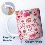 Personalized Custom Name Cute Christmas Cats Gifts Baubles Festive Seamless Pattern Lovely 11oz Ceramic Coffee Tea Mug White Large Handle