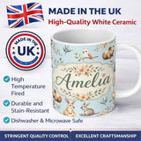 Personalized Custom Name Cute Woodland Animals Koala Kangaroo Bear Floral Pattern Blue Lovely 11oz Ceramic Coffee Tea Mug White Large Handle