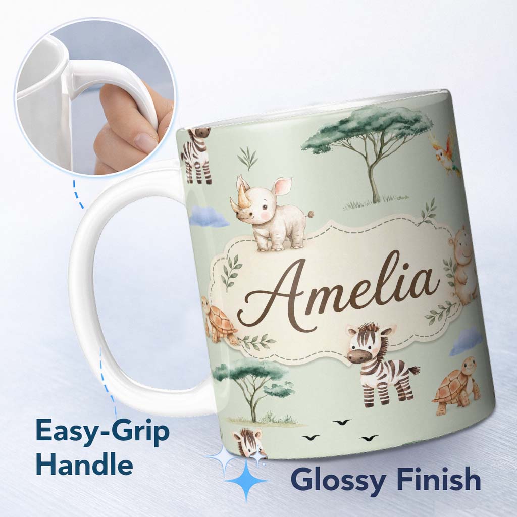 Personalized Custom Name Cute Safari Animals Zebra Rhino Turtle Sage Green Seamless Pattern 11oz Ceramic Coffee Tea Mug White Large Handle