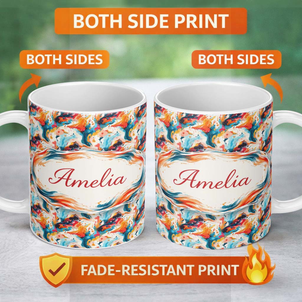 Personalized Custom Name Modern Abstract Face Paint Splash Artistic Portrait Pattern Lovely 11oz Ceramic Coffee Tea Mug White Large Handle