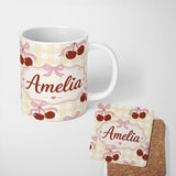 Personalized Custom Name Cherry Bow Ribbon Cute Yellow Gingham Picnic Check Seamless Pattern 11oz Ceramic Coffee Tea Mug White Large Handle