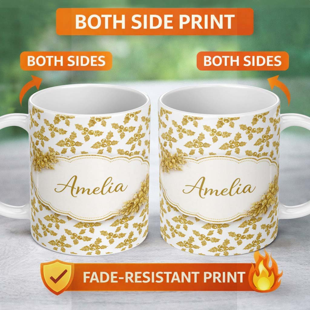 Personalized Custom Name Gold Glitter Holly Christmas Pattern Festive Seamless Design Lovely 11oz Ceramic Coffee Tea Mug White Large Handle