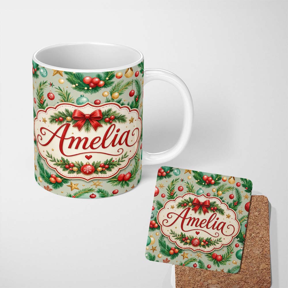 Personalized Custom Name Watercolor Christmas Wreath Ornament Holly Berry Seamless Pattern 11oz Ceramic Coffee Tea Mug White Large Handle