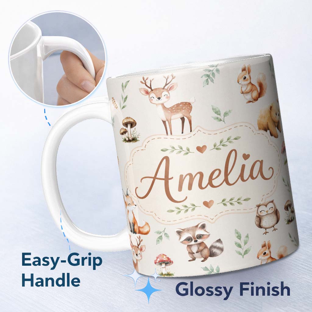 Personalized Custom Name Woodland Deer Bear Fox Owl Raccoon Leaves Mushrooms Light Grey 11oz Ceramic Coffee Tea Mug White Large Handle