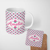 Personalized Custom Name Stylised Pink Floral Bud Pattern with Green Leaves on Light Lovely 11oz Ceramic Coffee Tea Mug White Large Handle