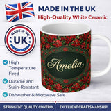 Personalized Custom Name Bold Festive Poinsettia with Deep Green Leaves Seamless Pattern 11oz Ceramic Coffee Tea Mug White Large Handle