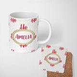 Personalized Custom Name Festive Ho Ho Ho Red Typography Gold Polka Dot Seamless Pattern 11oz Ceramic Coffee Tea Mug White Large Handle