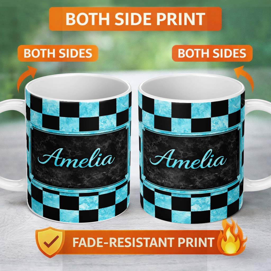 Personalized Custom Name Wavy Checkered Black Teal Abstract Pattern Thoughtful Gift Idea 11oz Ceramic Coffee Tea Mug White Large Handle