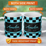 Personalized Custom Name Wavy Checkered Black Teal Abstract Pattern Thoughtful Gift Idea 11oz Ceramic Coffee Tea Mug White Large Handle