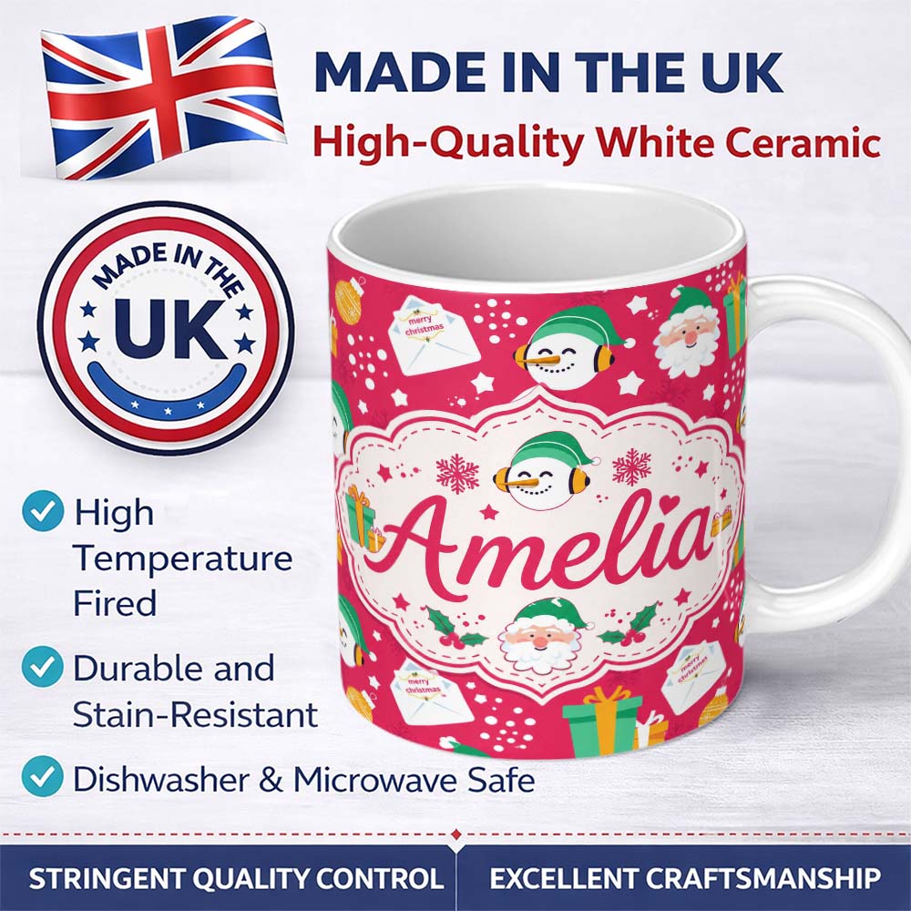 Personalized Custom Name Cute Santa Snowman Christmas Letter Gift Seamless Pattern Lovely 11oz Ceramic Coffee Tea Mug White Large Handle