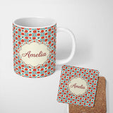 Personalized Custom Name Floral Tile Pattern Red and Blue Geometric Botanical Seamless Design 11oz Ceramic Coffee Tea Mug White Large Handle