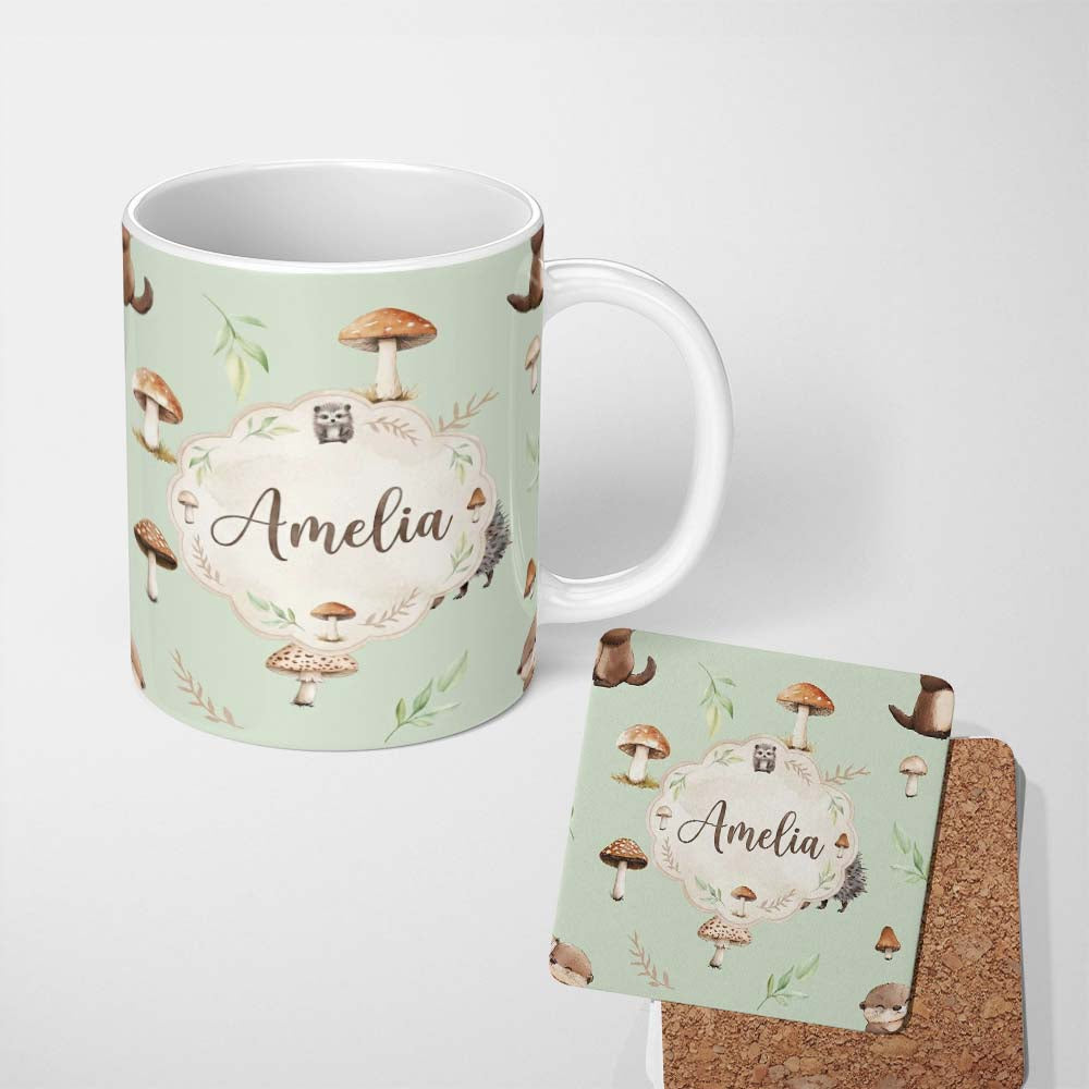 Personalized Custom Name Woodland Hedgehogs with Mushrooms Leaves Soft Sage Green Seamless 11oz Ceramic Coffee Tea Mug White Large Handle