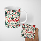 Personalized Custom Name Christmas Trees, Ornaments Folk Art Seamless Pattern Red Green 11oz Ceramic Coffee Tea Mug White Large Handle