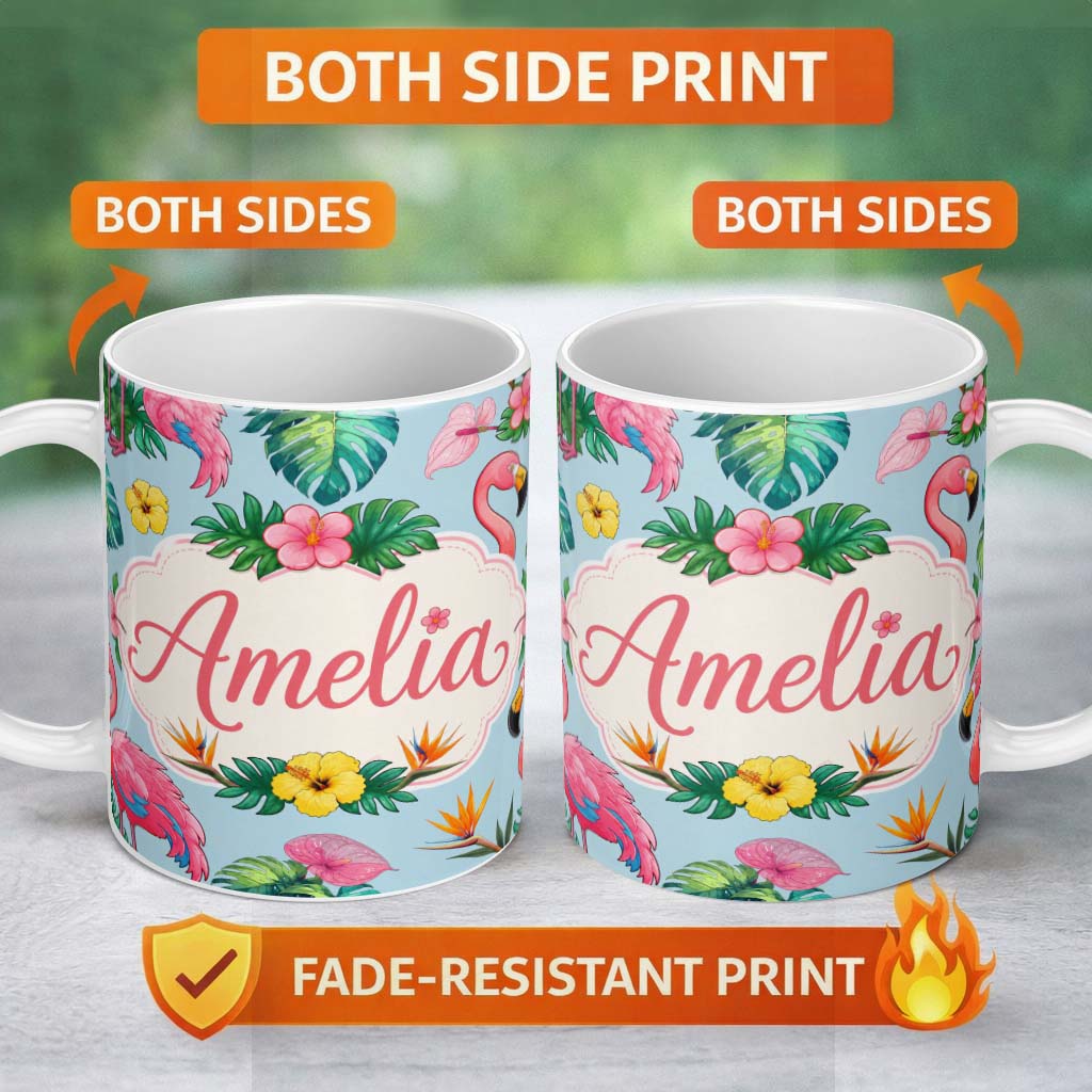 Personalized Custom Name Tropical Flamingo Bird with Exotic Flowers Leaf Pattern Blue 11oz Ceramic Coffee Tea Mug White Large Handle