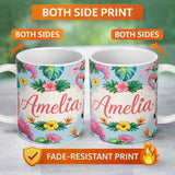 Personalized Custom Name Tropical Flamingo Bird with Exotic Flowers Leaf Pattern Blue 11oz Ceramic Coffee Tea Mug White Large Handle