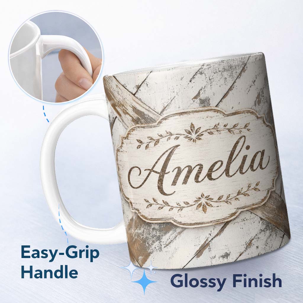 Personalized Custom Name Rustic Whitewashed Wood Plank Cross Beam Seamless Pattern Lovely 11oz Ceramic Coffee Tea Mug White Large Handle