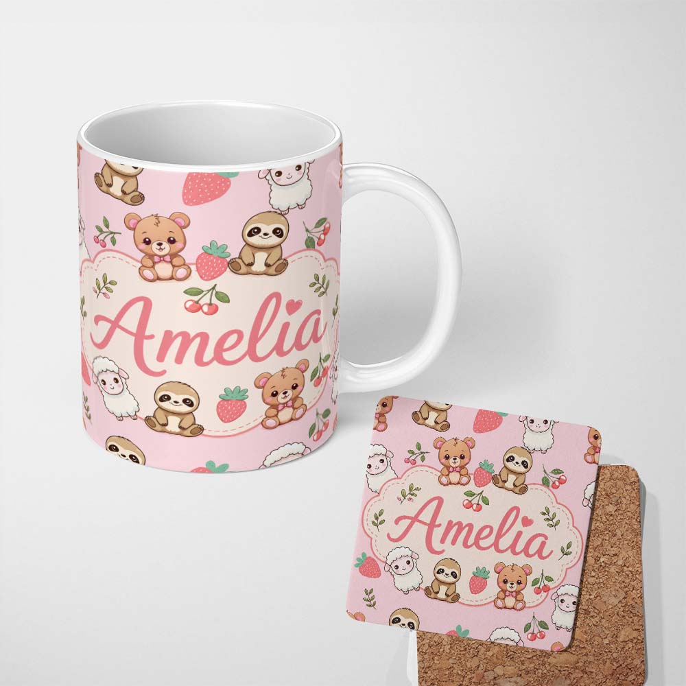 Personalized Custom Name Cute Cute Baby Animals Bear Sheep Sloth Strawberry Cherry Pink 11oz Ceramic Coffee Tea Mug White Large Handle