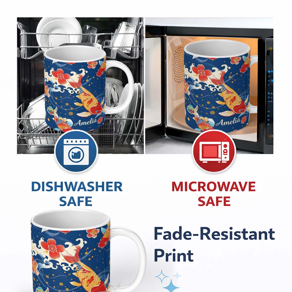 Personalized Custom Name Elegant Japanese Koi Fish with Cherry Blossom Waves Traditional 11oz Ceramic Coffee Tea Mug White Large Handle