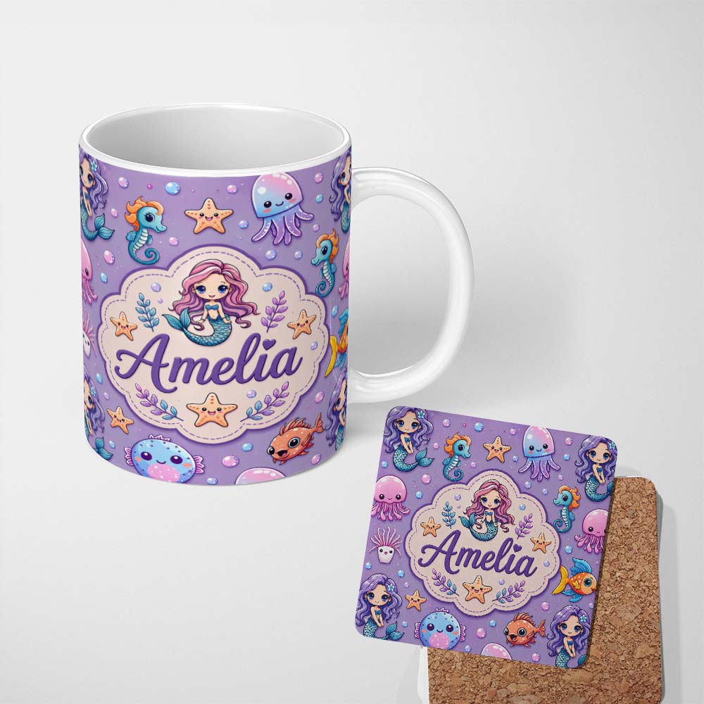 Personalized Custom Name Cute Cartoon Mermaid with Sea Creatures on Purple Background Playful 11oz Ceramic Coffee Tea Mug White Large Handle