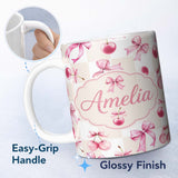 Personalized Custom Name Watercolor Cherry Bow Ribbon Neutral Beige Gingham Seamless Pattern 11oz Ceramic Coffee Tea Mug White Large Handle