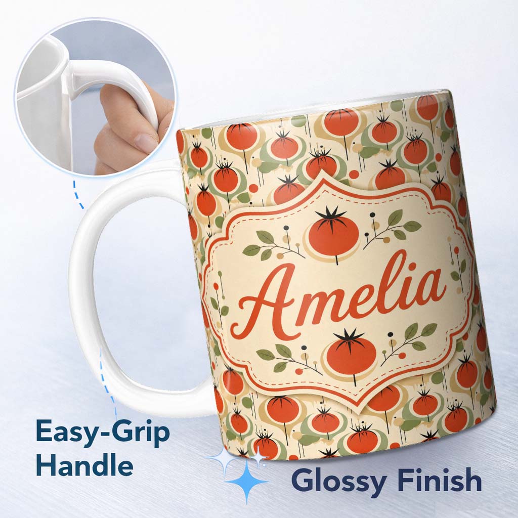 Personalized Custom Name Mid Century Modern Tomato Circles Abstract Seamless Pattern Lovely 11oz Ceramic Coffee Tea Mug White Large Handle
