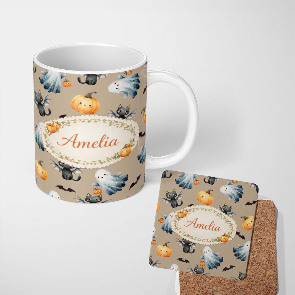 Personalized Custom Name Halloween Ghost Pumpkin Cat Seamless Pattern Taupe Cute Spooky 11oz Ceramic Coffee Tea Mug White Large Handle