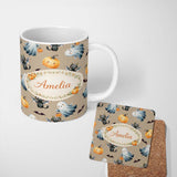 Personalized Custom Name Halloween Ghost Pumpkin Cat Seamless Pattern Taupe Cute Spooky 11oz Ceramic Coffee Tea Mug White Large Handle