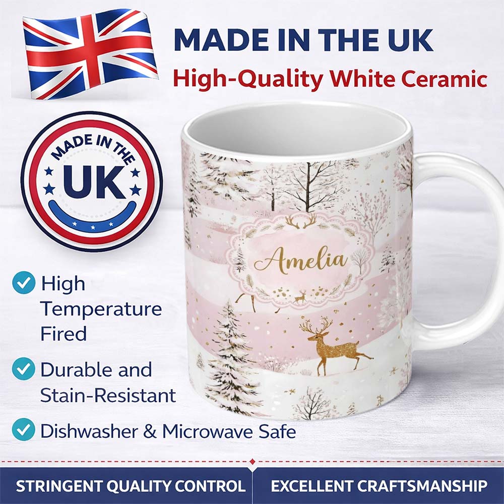 Personalized Custom Name Winter Deer Snow Forest Pink Landscape Seamless Pattern Lovely 11oz Ceramic Coffee Tea Mug White Large Handle