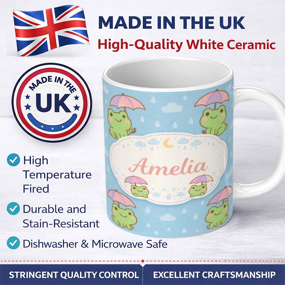 Personalized Custom Name Cute Frog Umbrella Rain Cartoon Animal Pattern Stylish Everyday Mug 11oz Ceramic Coffee Tea Mug White Large Handle