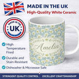 Personalized Custom Name White Floral on Soft Blue Background Seamless Pattern Lovely 11oz Ceramic Coffee Tea Mug White Large Handle