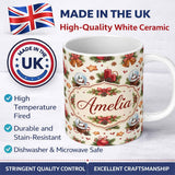 Personalized Custom Name Christmas Bells Candles Snow Globe Gingerbread Seamless Pattern 11oz Ceramic Coffee Tea Mug White Large Handle