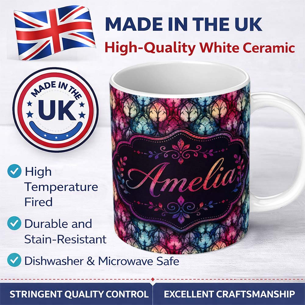 Personalized Custom Name Vibrant Art Nouveau Floral Stained Glass Pink Blue Seamless Pattern 11oz Ceramic Coffee Tea Mug White Large Handle