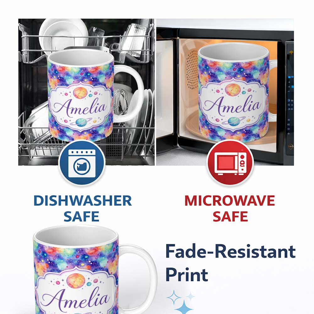 Personalized Custom Name Pastel Watercolor Galaxy Space Clouds Seamless Pattern Soft Cosmic 11oz Ceramic Coffee Tea Mug White Large Handle
