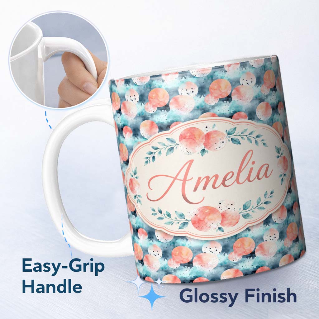 Personalized Custom Name Abstract Coral and Teal Watercolor Circles Seamless Pattern Lovely 11oz Ceramic Coffee Tea Mug White Large Handle