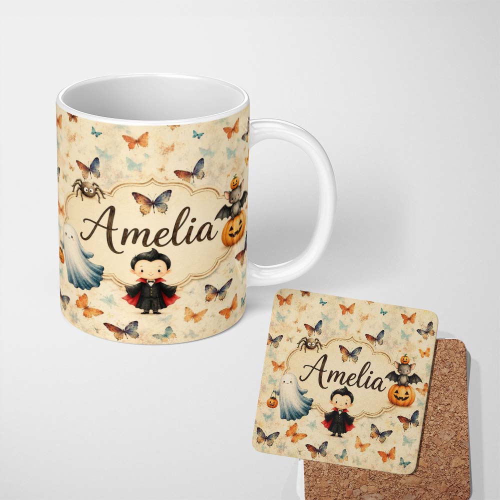 Personalized Custom Name Vintage Style Butterflies with Soft Pastel Texture Seamless Pattern 11oz Ceramic Coffee Tea Mug White Large Handle