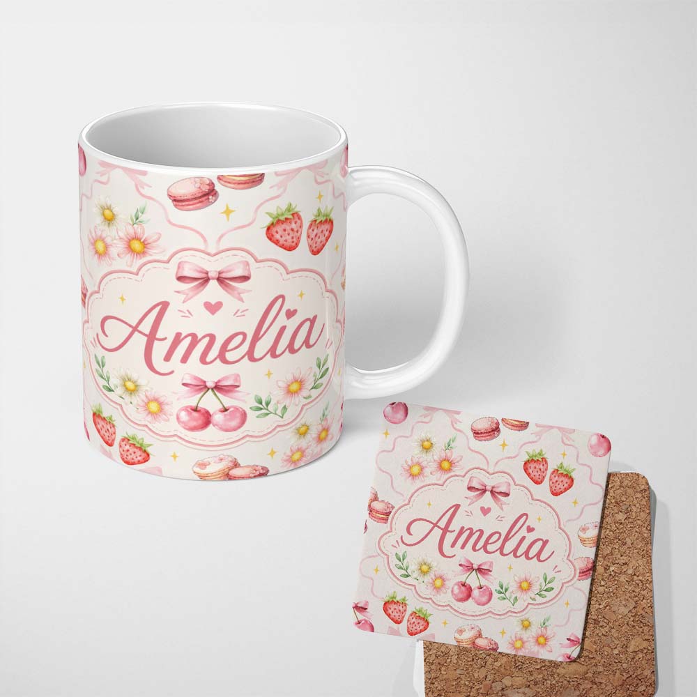 Personalized Custom Name Cute Watercolor Cherry Strawberry Daisy Flowers Pink Bow Light Grey 11oz Ceramic Coffee Tea Mug White Large Handle